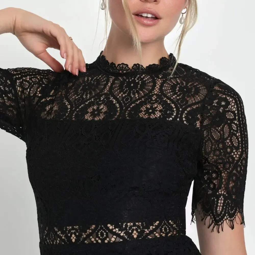 Lulus Remarkable Black Lace Peek A Boo Eyelash Fringe Trim Midi Dress Medium - Picture 4 of 10